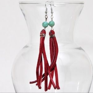 Red suede lace tassel earrings